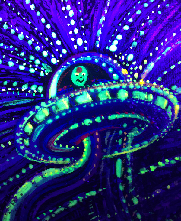 UFO in the Sun close-up of alien with ruby 3rd eye